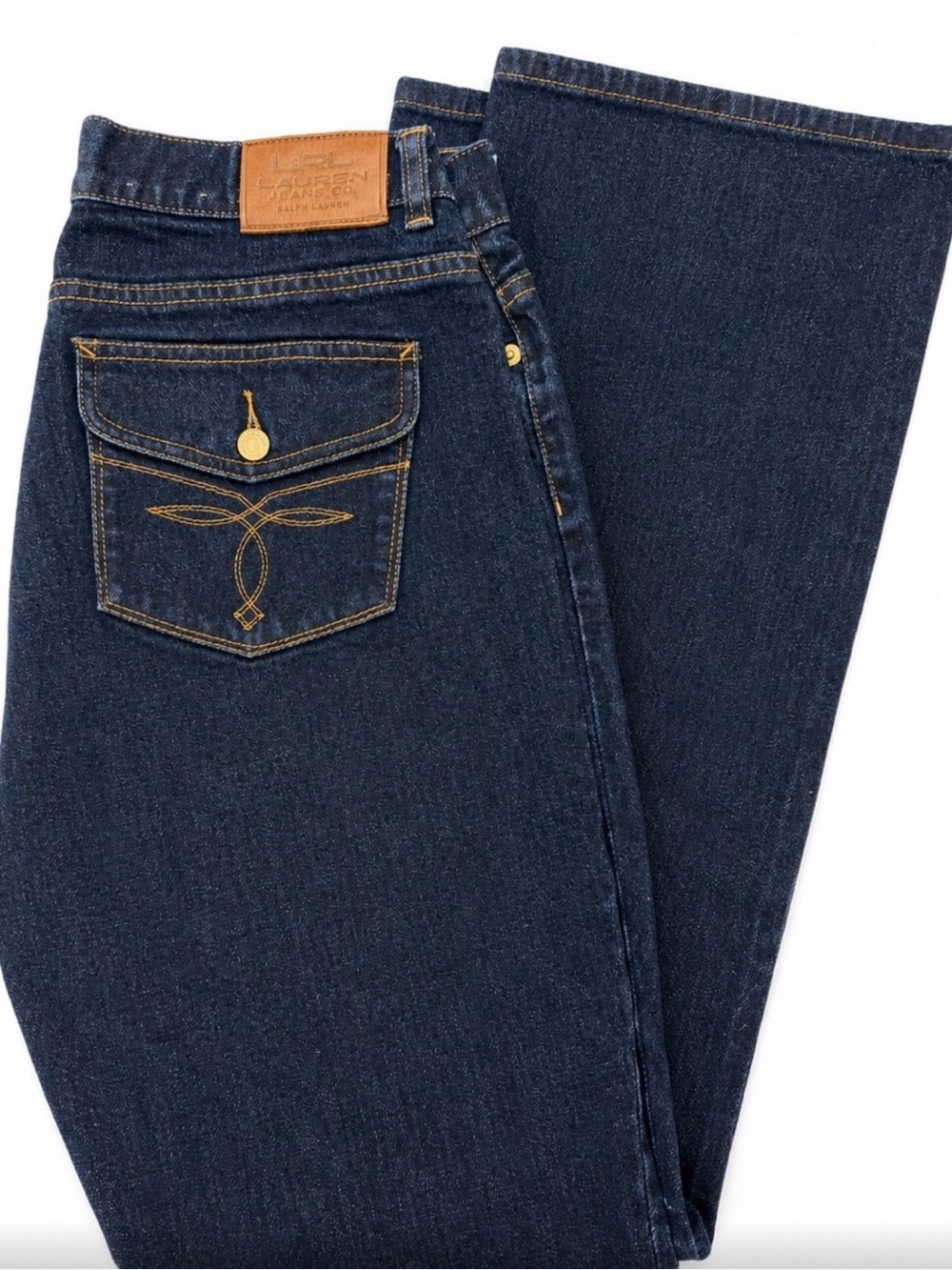 Lauren Ralph Women’s Boot Cut Jeans - Dark Blue with Gold Stitching. Size 8